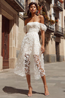 Load image into Gallery viewer, Ivory A Line Off the Shoulder Lace Midi Engagement Dress