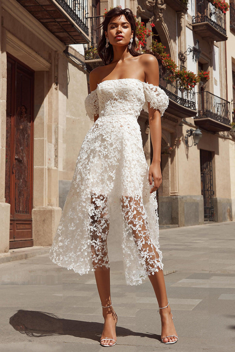 Load image into Gallery viewer, Ivory A Line Off the Shoulder Lace Midi Engagement Dress