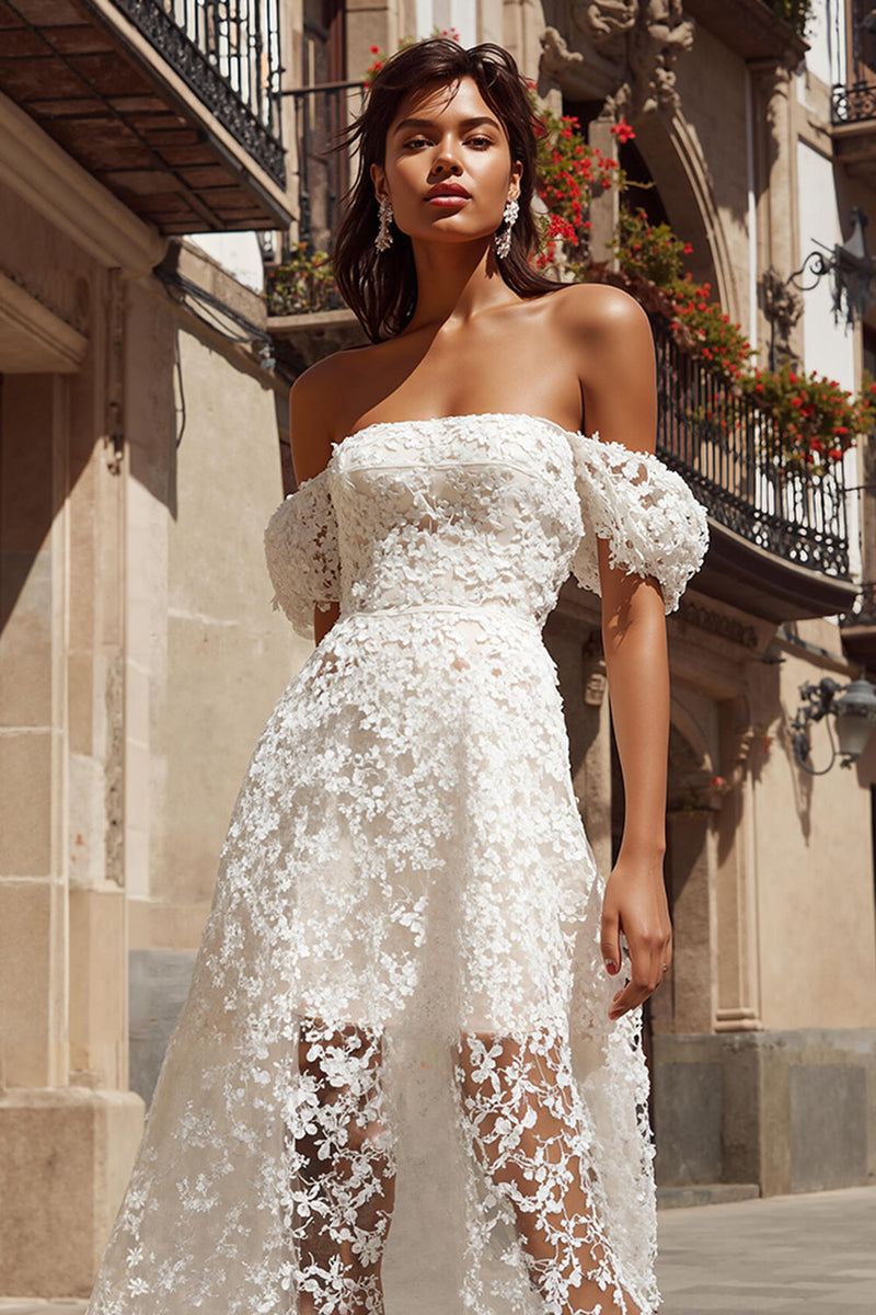 Load image into Gallery viewer, Ivory A Line Off the Shoulder Lace Midi Engagement Dress