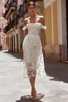 Load image into Gallery viewer, Ivory Off the Shoulder Floral Midi Wedding Dress