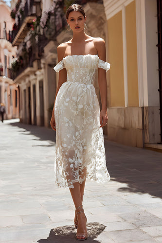Ivory Off the Shoulder Floral Midi Wedding Dress