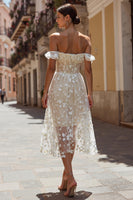 Load image into Gallery viewer, Ivory Off the Shoulder Floral Midi Wedding Dress