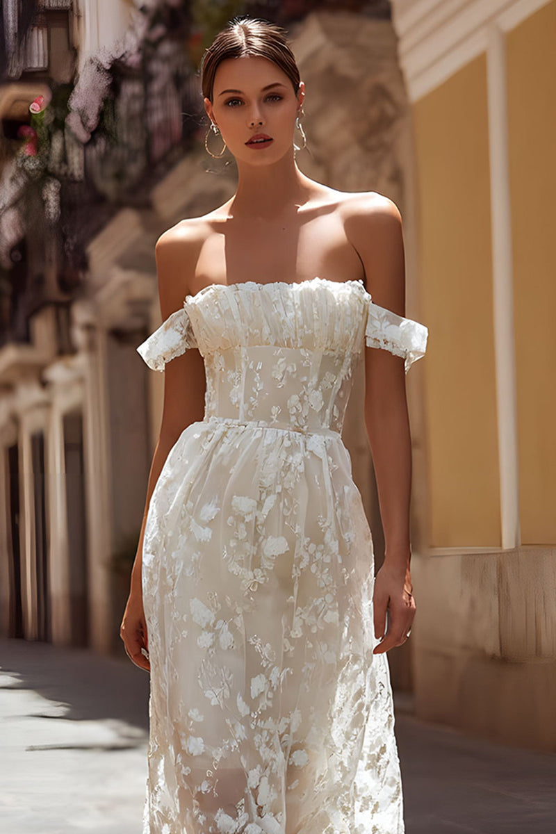 Load image into Gallery viewer, Ivory Off the Shoulder Floral Midi Wedding Dress