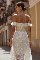 Load image into Gallery viewer, Ivory Off the Shoulder Floral Midi Wedding Dress