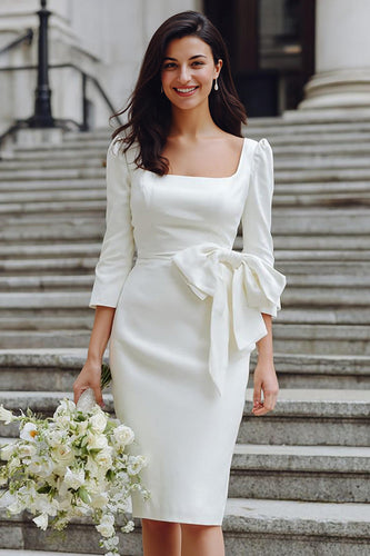 White Square Neck Bodycon Midi Wedding Dress with Bow
