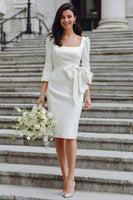 Load image into Gallery viewer, White Square Neck Bodycon Midi Wedding Dress with Bow