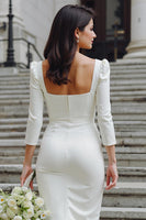 Load image into Gallery viewer, White Square Neck Bodycon Midi Wedding Dress with Bow