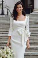 Load image into Gallery viewer, White Square Neck Bodycon Midi Wedding Dress with Bow