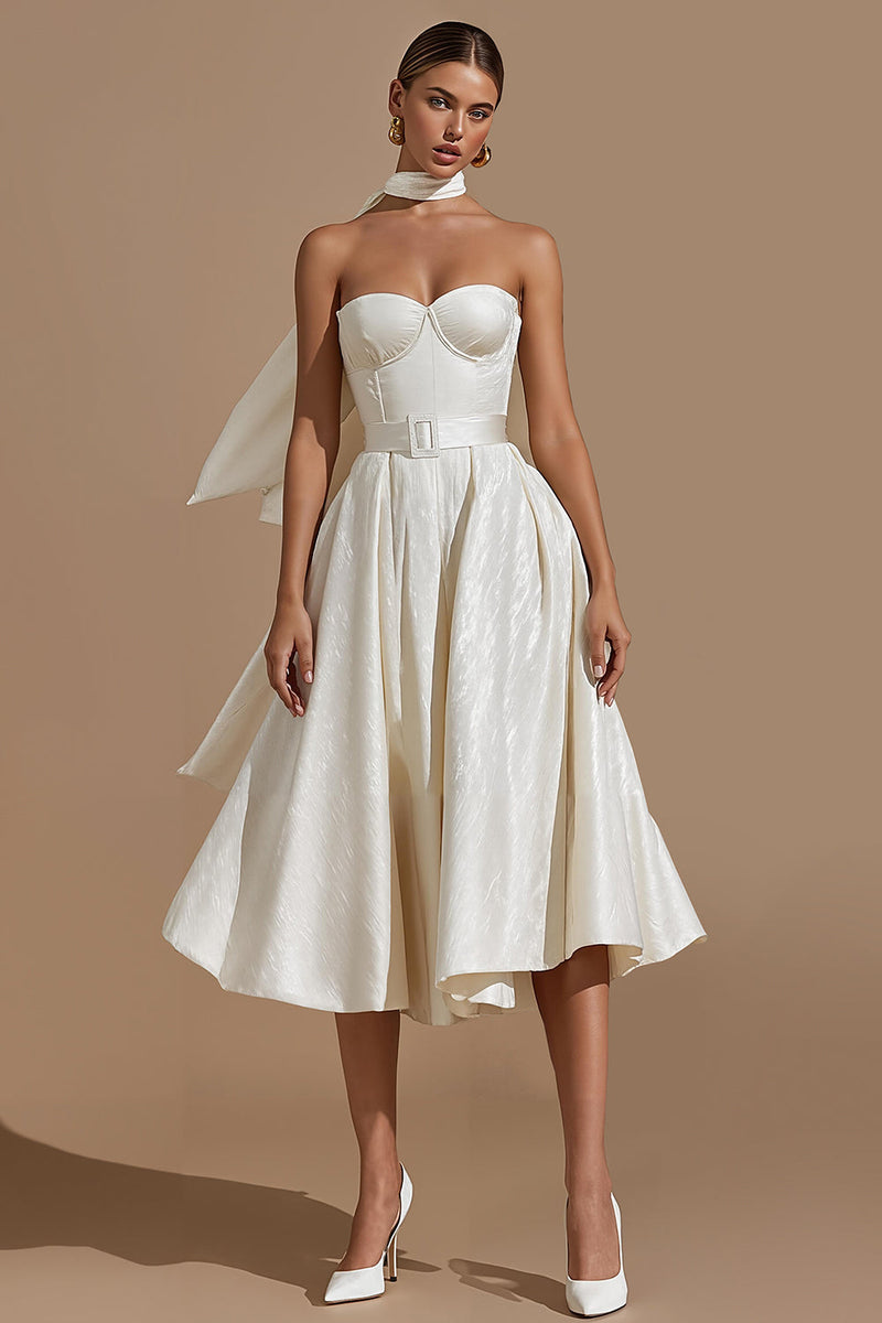 Load image into Gallery viewer, White A Line Sweetheart Midi Engagement Dress with Belt