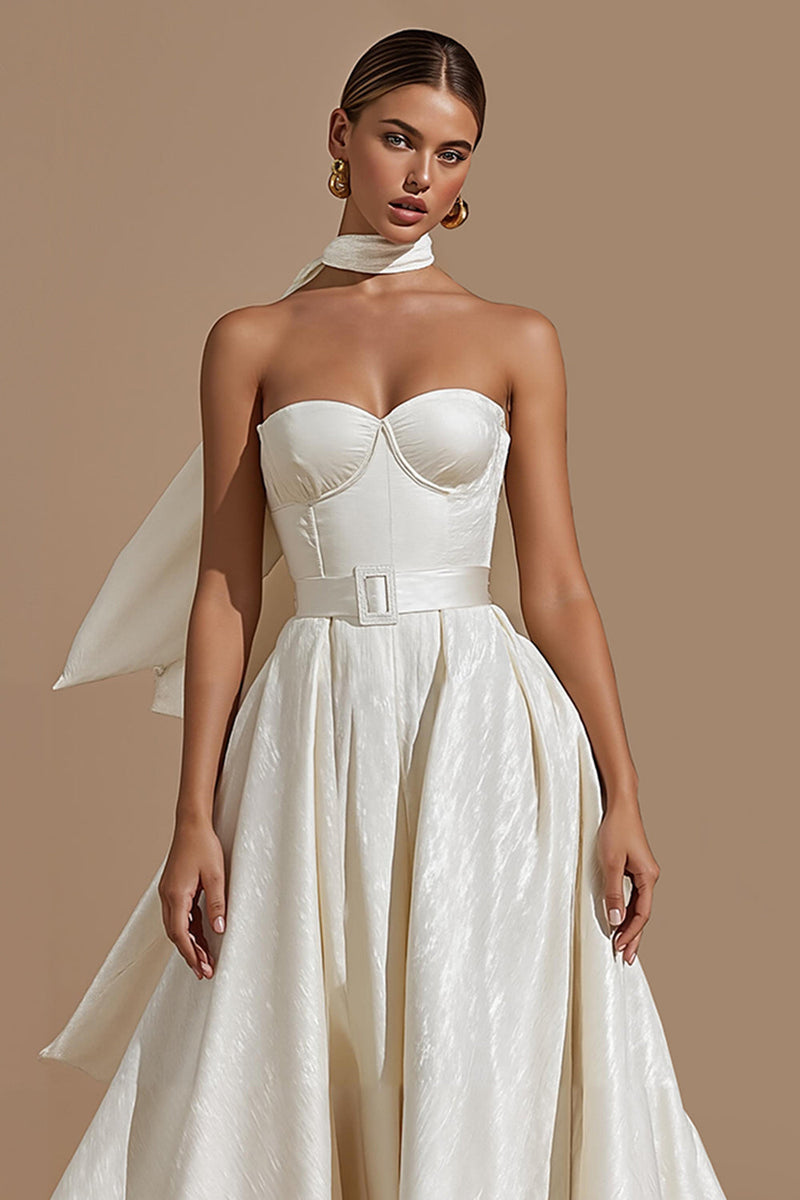 Load image into Gallery viewer, White A Line Sweetheart Midi Engagement Dress with Belt