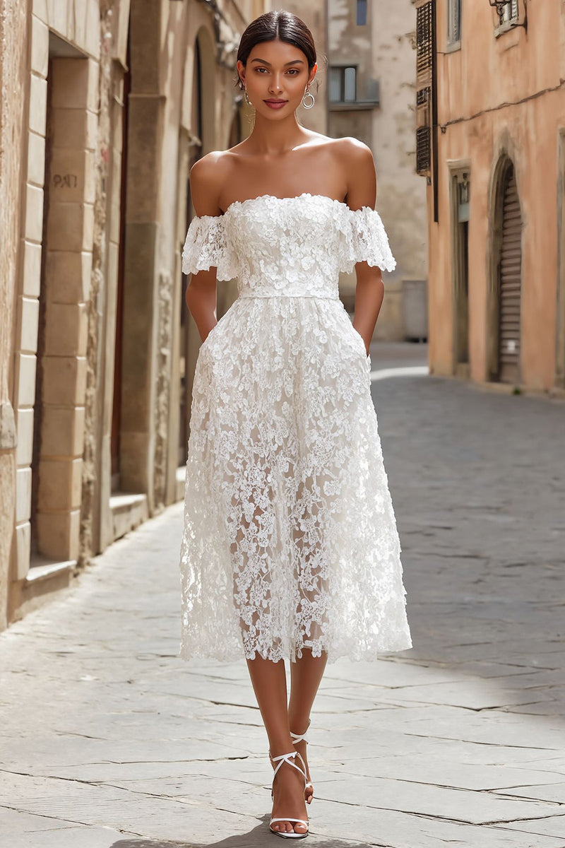 Load image into Gallery viewer, White Off the Shoulder Lace Midi Engagement Dress with Pockets