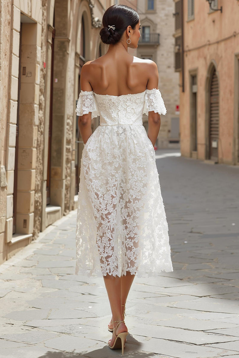 Load image into Gallery viewer, White Off the Shoulder Lace Midi Engagement Dress with Pockets
