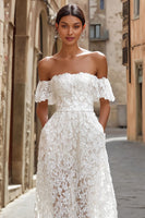 Load image into Gallery viewer, White Off the Shoulder Lace Midi Engagement Dress with Pockets