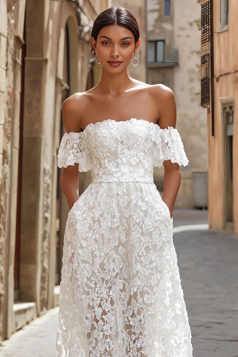 Load image into Gallery viewer, White Off the Shoulder Lace Midi Engagement Dress with Pockets
