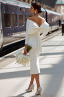 Load image into Gallery viewer, White Bodycon Off the Shoulder Ruched Midi Engagement Dress with Bow