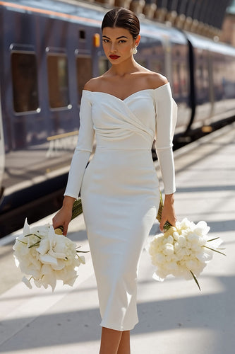 White Bodycon Off the Shoulder Ruched Midi Engagement Dress with Bow