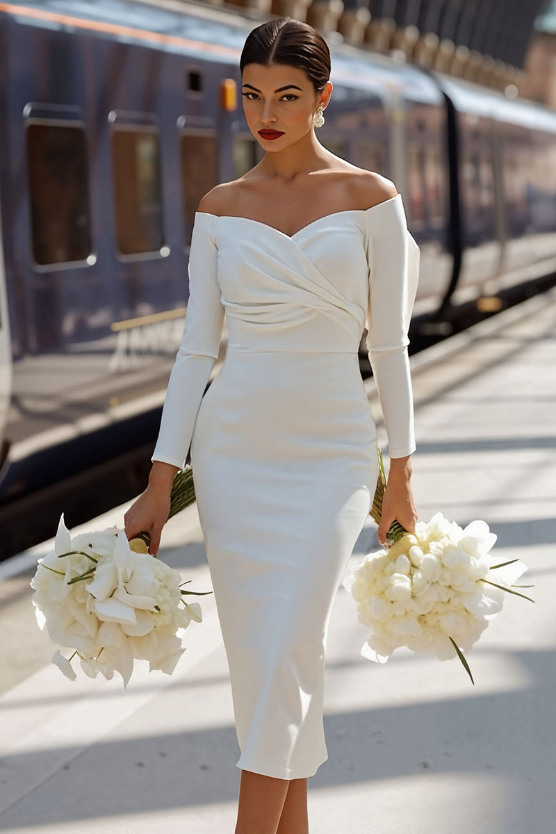 Load image into Gallery viewer, White Bodycon Off the Shoulder Ruched Midi Engagement Dress with Bow