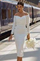 Load image into Gallery viewer, White Bodycon Off the Shoulder Ruched Midi Engagement Dress with Bow