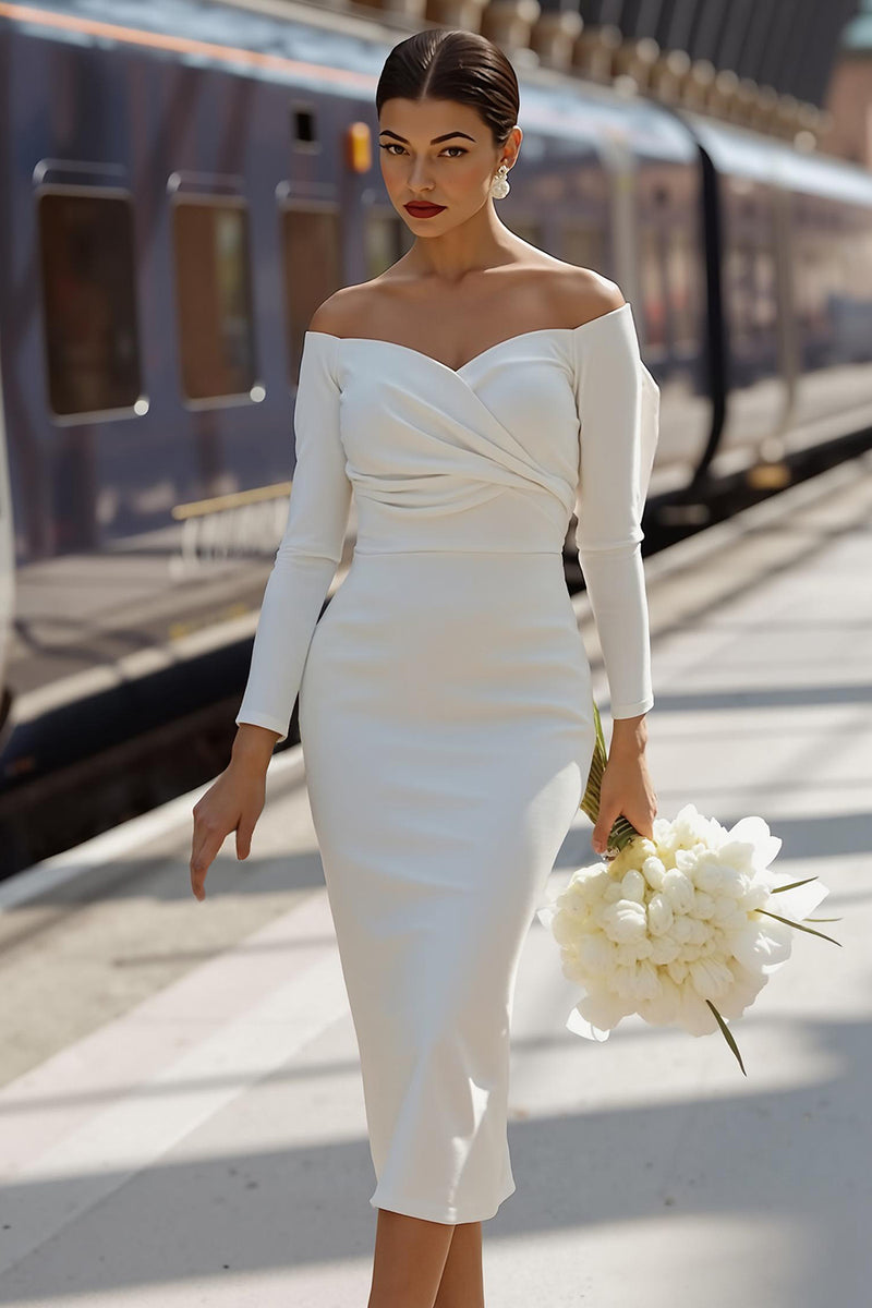 Load image into Gallery viewer, White Bodycon Off the Shoulder Ruched Midi Engagement Dress with Bow