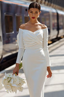 Load image into Gallery viewer, White Bodycon Off the Shoulder Ruched Midi Engagement Dress with Bow