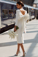 Load image into Gallery viewer, Bodycon White Round Neck Midi Engagement Dress with Bow