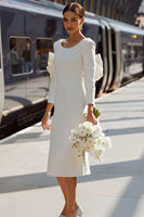 Load image into Gallery viewer, Bodycon White Round Neck Midi Engagement Dress with Bow