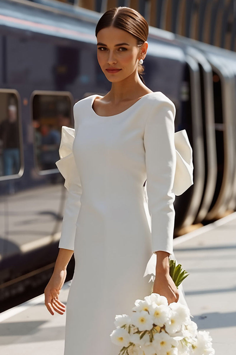 Load image into Gallery viewer, Bodycon White Round Neck Midi Engagement Dress with Bow