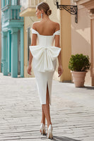 Load image into Gallery viewer, White Off the Shoulder Bodycon Midi Engagement Dress with Bow