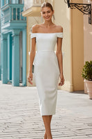 Load image into Gallery viewer, White Off the Shoulder Bodycon Midi Engagement Dress with Bow