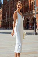 Load image into Gallery viewer, White Bodycon V-Neck Backless Midi Engagement Dress with Bow