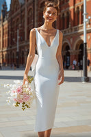 Load image into Gallery viewer, White Bodycon V-Neck Backless Midi Engagement Dress with Bow