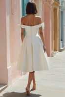 Load image into Gallery viewer, White Off the Shoulder A Line Midi Engagement Dress with Bows