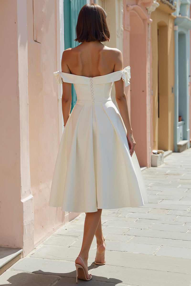 Load image into Gallery viewer, White Off the Shoulder A Line Midi Engagement Dress with Bows