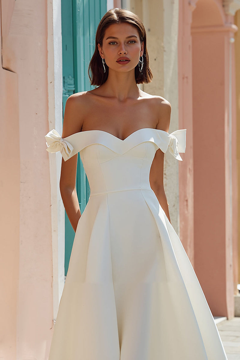 Load image into Gallery viewer, White Off the Shoulder A Line Midi Engagement Dress with Bows