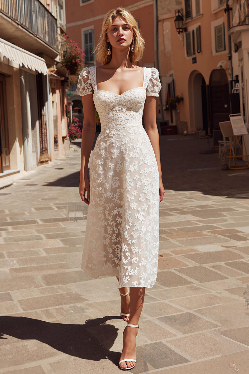 Load image into Gallery viewer, Ivory Floral A Line Midi Engagement Dress with Appliques