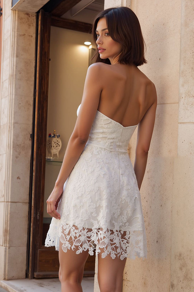 Load image into Gallery viewer, White A Line Lace Strapless Short Bachelorette Dress