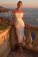 Load image into Gallery viewer, Ivory Lace Off the Shoulder Bodycon Boho Midi Engagement Dress