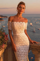 Load image into Gallery viewer, Ivory Lace Off the Shoulder Bodycon Boho Midi Engagement Dress