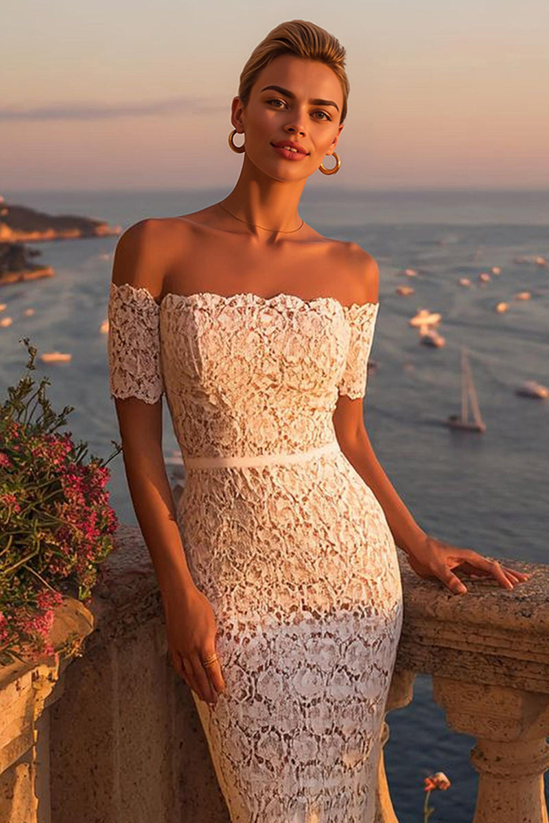 Load image into Gallery viewer, Ivory Lace Off the Shoulder Bodycon Boho Midi Engagement Dress