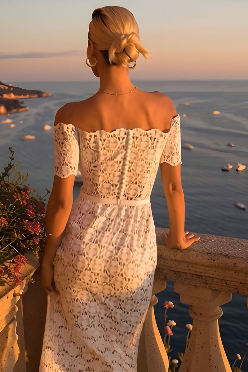 Load image into Gallery viewer, Ivory Lace Off the Shoulder Bodycon Boho Midi Engagement Dress