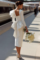 Load image into Gallery viewer, White Square Neck Bodycon Midi Ruffled Wedding Dress with Bow