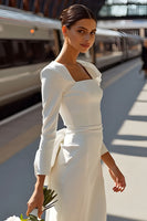 Load image into Gallery viewer, White Square Neck Bodycon Midi Ruffled Wedding Dress with Bow