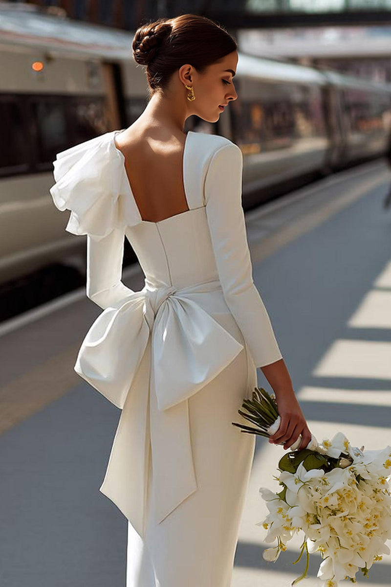 Load image into Gallery viewer, White Square Neck Bodycon Midi Ruffled Wedding Dress with Bow