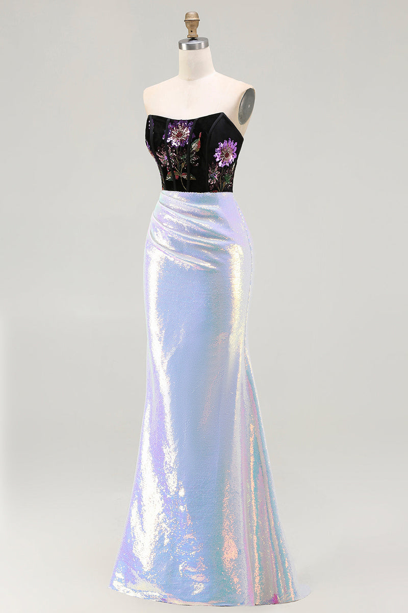 Load image into Gallery viewer, Sparkly Floral Black Lilac Mermaid Long Corset Prom Dress