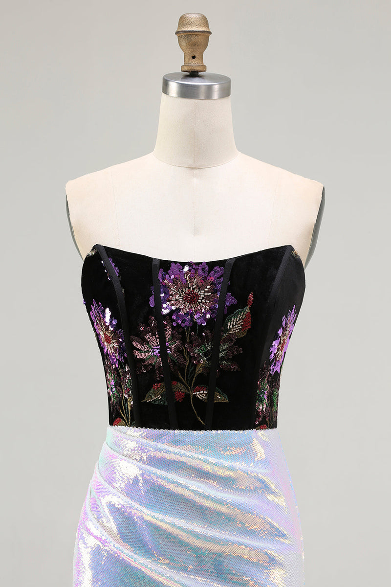 Load image into Gallery viewer, Sparkly Floral Black Lilac Mermaid Long Corset Prom Dress