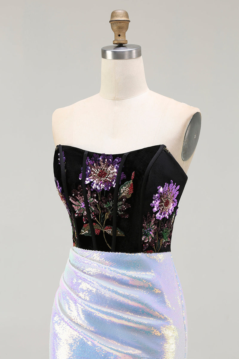 Load image into Gallery viewer, Sparkly Floral Black Lilac Mermaid Long Corset Prom Dress