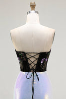 Load image into Gallery viewer, Sparkly Floral Black Lilac Mermaid Long Corset Prom Dress