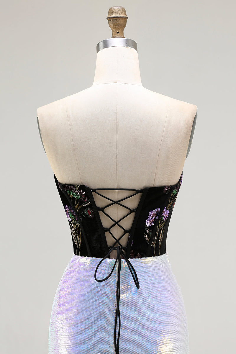 Load image into Gallery viewer, Sparkly Floral Black Lilac Mermaid Long Corset Prom Dress