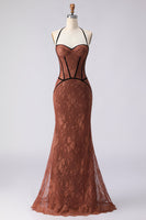 Load image into Gallery viewer, Brown Lace Halter Mermaid Long Corset Prom Dress