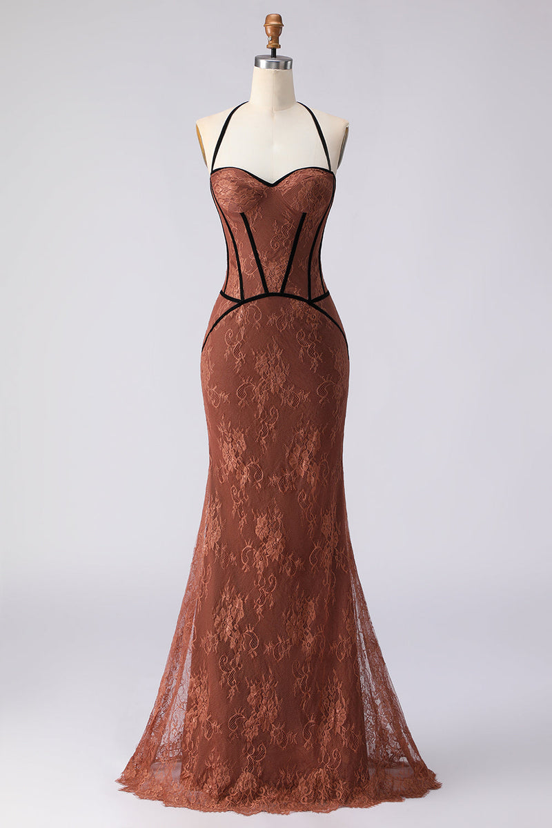 Load image into Gallery viewer, Brown Lace Halter Mermaid Long Corset Prom Dress